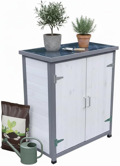 Melko Garden cabinet, white/grey, tool shed with 2 doors, storage cabinet - QUORE