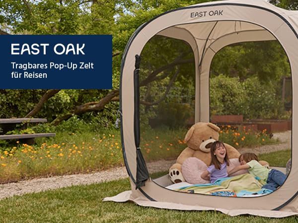 EAST OAK Pop-up tent voor 1-2 personen, mini-paviljoen, opvouwbaar, tent voor camping, tuin, terras, werptent, waterdicht, UPF 50+ uv-bescherming, 360° ventilatie, anti-muggen, met draagtas, beige