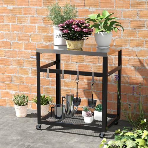Grilltafel voor buiten, grillwagen met 2 planken, 4 wielen, handvat en 4 haken, pizzatafel, bijzettafel, serveerwagen voor achtertuin, terras (2 planken)
