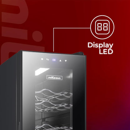Nilson NVN1200S Wijnkast, 12 flessen, zwart, 44 dB, geluidsniveau, enkele temperatuurzone, digitaal display, led-binnenverlichting, glazen deur, opening, energie-efficiëntieklasse G