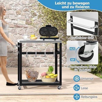 Grilltafel voor buiten, serveerwagen met 2 planken, 4 wielen, handvat en 4 haken, pizzatafel, bijzettafel, grillwagen voor achtertuin, terras (2 planken)