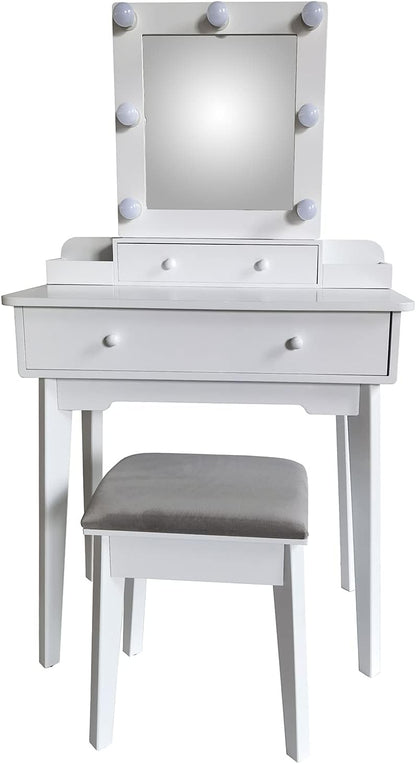 DRW Make-uptafel met 4 schuifladen van hout met ledlampjes en kruk in wit, 75 x 40 x 130 cm, kruk 36 x 28 x 45 cm