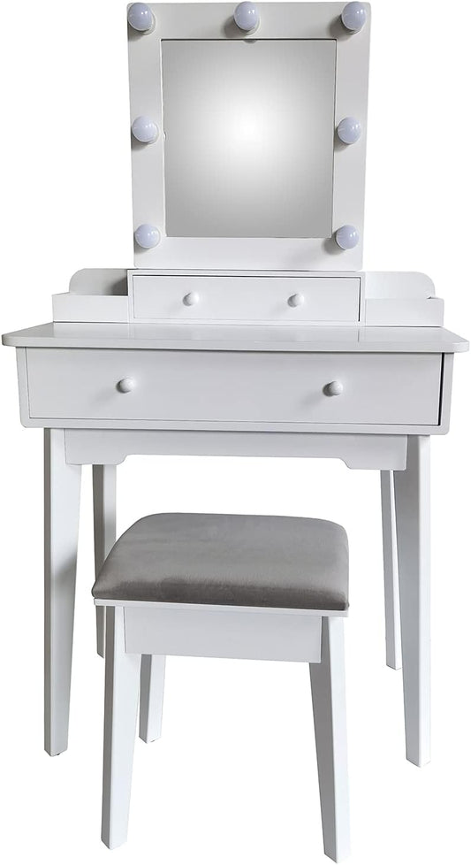 DRW Make-uptafel met 4 schuifladen van hout met ledlampjes en kruk in wit, 75 x 40 x 130 cm, kruk 36 x 28 x 45 cm