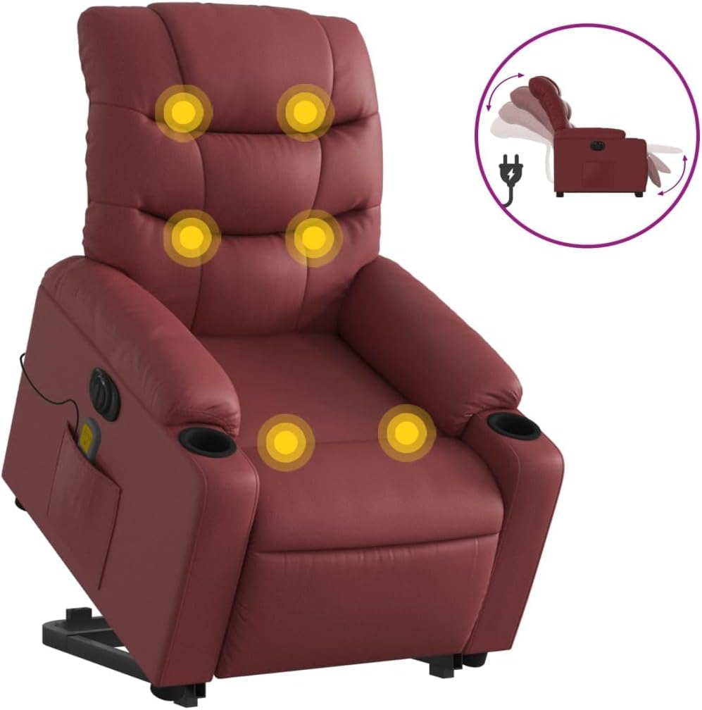 Elektrische Relaxfauteuil – Sta-op Stoel – Massagefauteuil – TV Stoel – Kantelbare Fauteuil – 6-Punts Vibratiemassage – Wijnrood Kunstleer