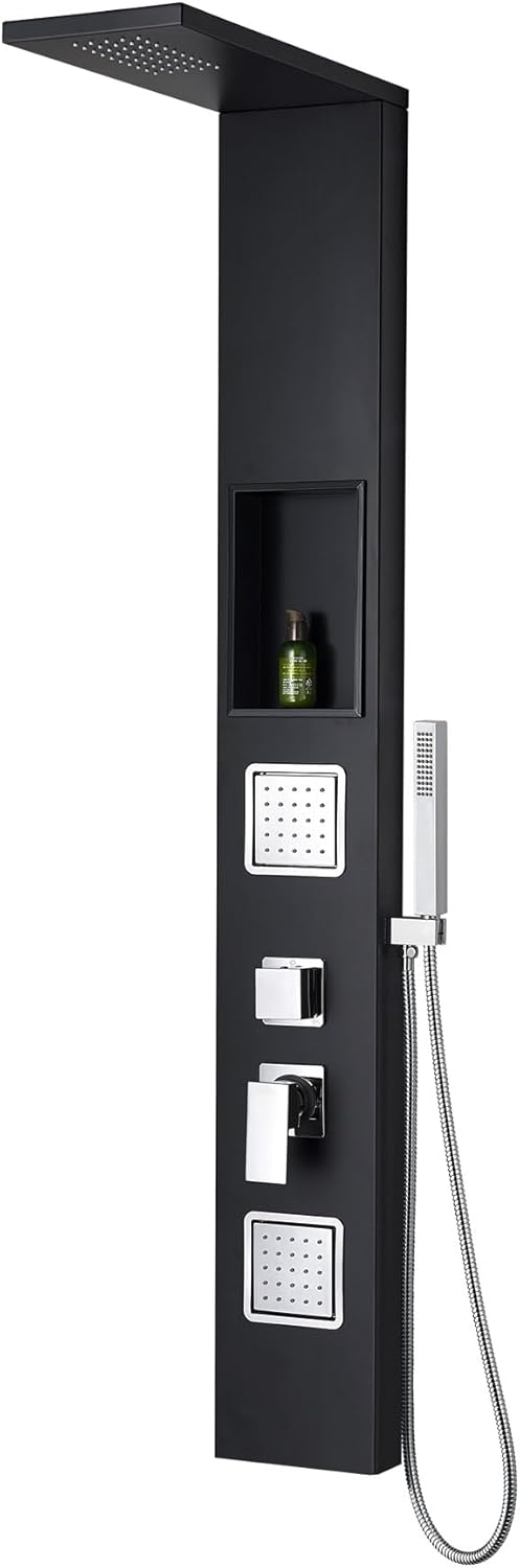Douchepaneel, mat zwart, met mengventiel incl. geïntegreerd wandnis, massagedouchepaneel, regendouche, douchesysteem met handdouche