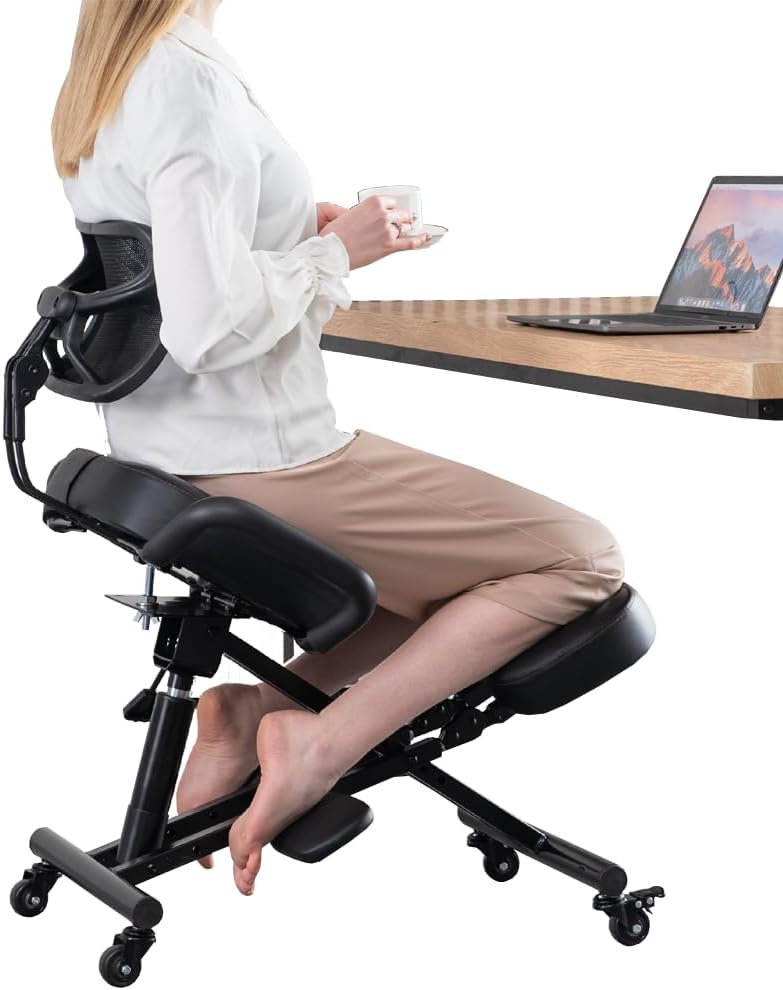 Knielstoel met rugleuning Ergonomisch voor kantoor, Verstelbare kruk met schuine zitting voor een betere houding, Dikke comfortabele kussens, Zwart