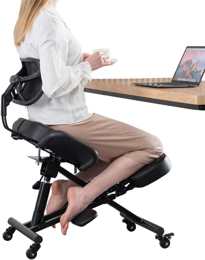 Knielstoel met rugleuning Ergonomisch voor kantoor, Verstelbare kruk met schuine zitting voor een betere houding, Dikke comfortabele kussens, Zwart