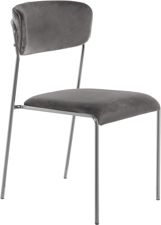 DRW Set van 4 stoelen van fluweel en metaal, grijs en chroom, 58 x 48 x 82 cm