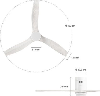 Hombli Smart Plafondventilator met ledlicht, app- en afstandsbediening, wit met houtlook, 132 cm, stil, wifi, voor ruimtes tot 12 m²