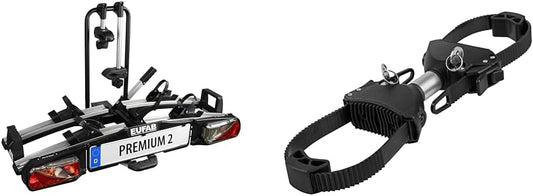 EUFAB 11521 Premium ll Fietsendrager voor trekhaak, geschikt voor e-bikes.,zwart & EUFAB 11579 Strap-framehouder aan beide zijden, afsluitbaar, 15 cm lengte,Zwart