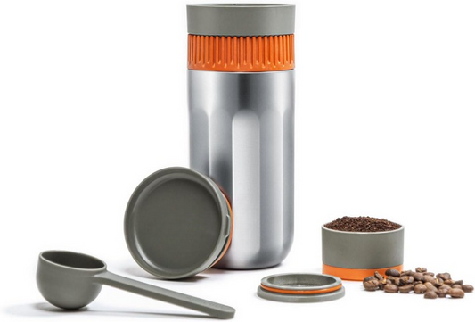 Draagbaar Koffiezetapparaat - Handmatige Koffiemachine - Vacuüm onder Druk - Geïsoleerd Mok - voor Reizen - voor Fietsen - Snelle Extractie - Roestvrijstalen Thermobeker - 10oz - 7.2 x 7.2 x 18.2 - Salie Grijs