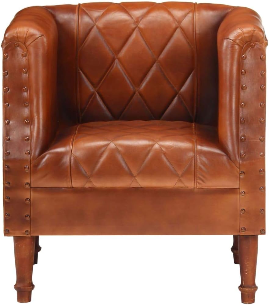 Fauteuil Bruin Echt Geitenleer – Loungestoel – Televisiestoel – Relaxstoel – Bureaustoel – Massief Mangohouten Poten – Extra Dikke Voering