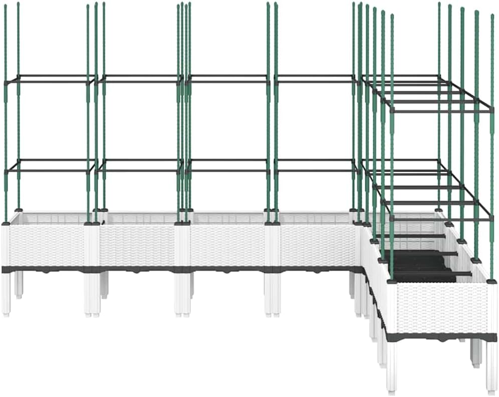 Flower Box for Garden with Integrated Polypropylene Trellis Raised Design and Rattan Look White 200 x 160 x 142.5 cm, Ideal for Climbing Plants, Vegetables - QUORE