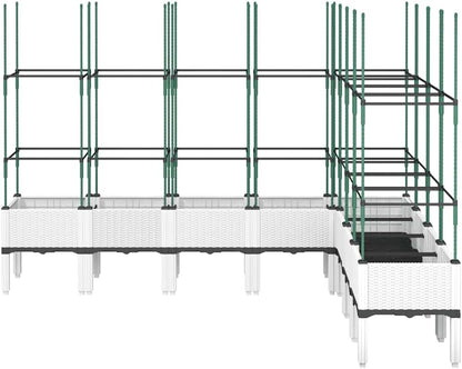Flower Box for Garden with Integrated Polypropylene Trellis Raised Design and Rattan Look White 200 x 160 x 142.5 cm, Ideal for Climbing Plants, Vegetables - QUORE