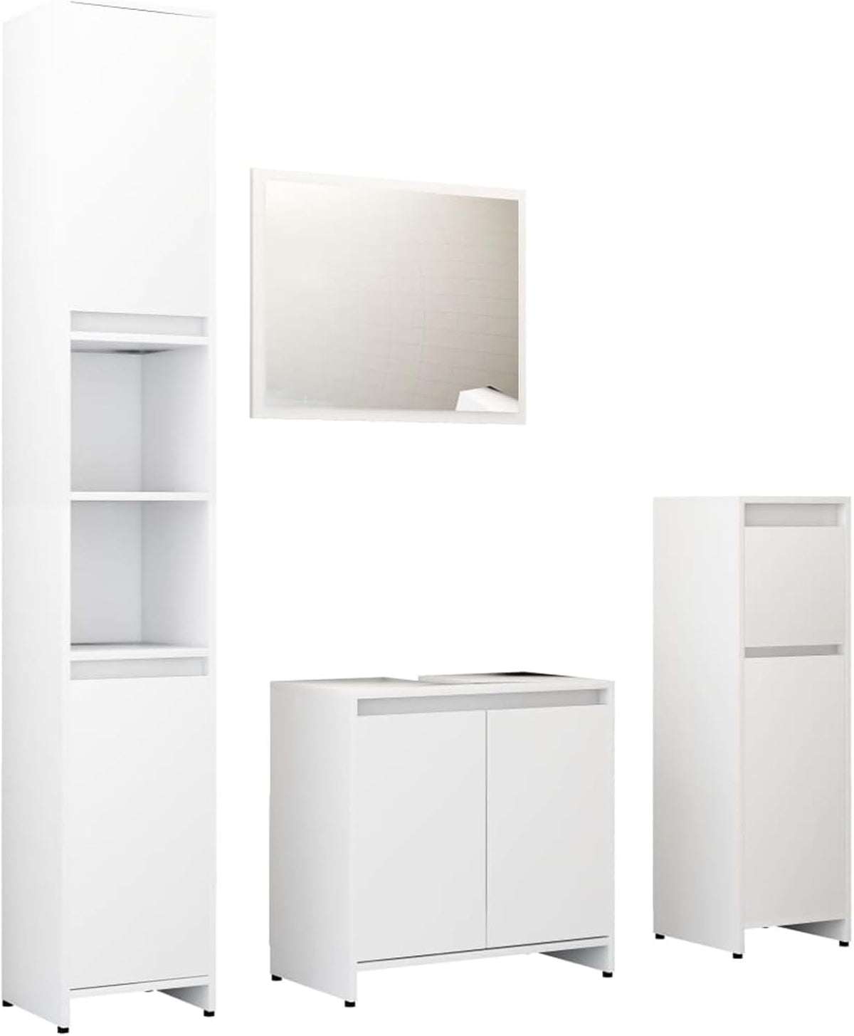 Gecheer 4 Piece Bathroom Furniture Set, Mirror Medium Cabinet Tall Cabinet Under Sink Cabinet, White Chipboard Bathroom Furniture Sets - QUORE