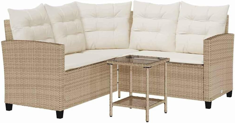 vidaXL Garden bench with table and cushions L-shaped beige poly rattan, garden furniture, garden bench, bench outdoor, lounge sofa garden, outdoor bench, balcony bench - QUORE