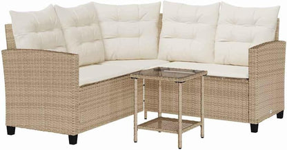 vidaXL Garden bench with table and cushions L-shaped beige poly rattan, garden furniture, garden bench, bench outdoor, lounge sofa garden, outdoor bench, balcony bench - QUORE