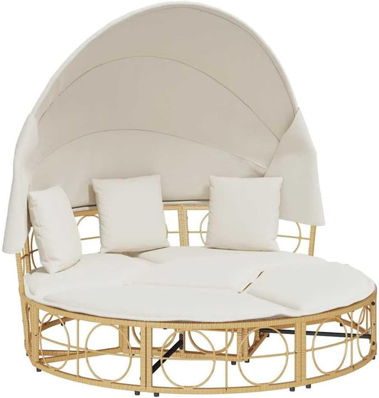 Zonnebed – Ligbed Buiten – Outdoor Ligstoel – Relaxstoel Tuin – Loungestoel Balkon – Polyrotan – Met Luifel – Comfortabele Kussens – Weerbestendig