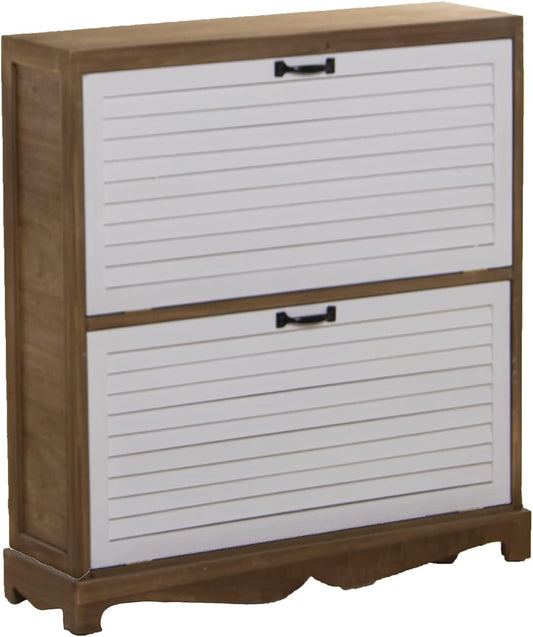 DRW Schoenenkast met 2 deuren van paulownia-hout in natuur en wit, 76 x 22 x 93 cm