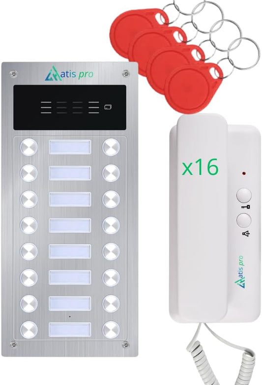 Deurintercom, 2 draden, Vandaalbeveiliging, met RFID-lezer, compleet met telefoons, stroomvoorziening | zeer eenvoudig te installeren. Installatie of oppervlak (16 appartementen)
