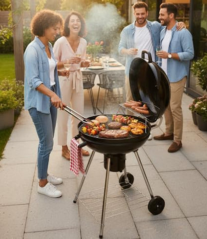 Draagbare houtskoolbarbecue, 22,5 inch ronde waterkoker met wielen, warmhoudrek, zwart, asverzamelaar
