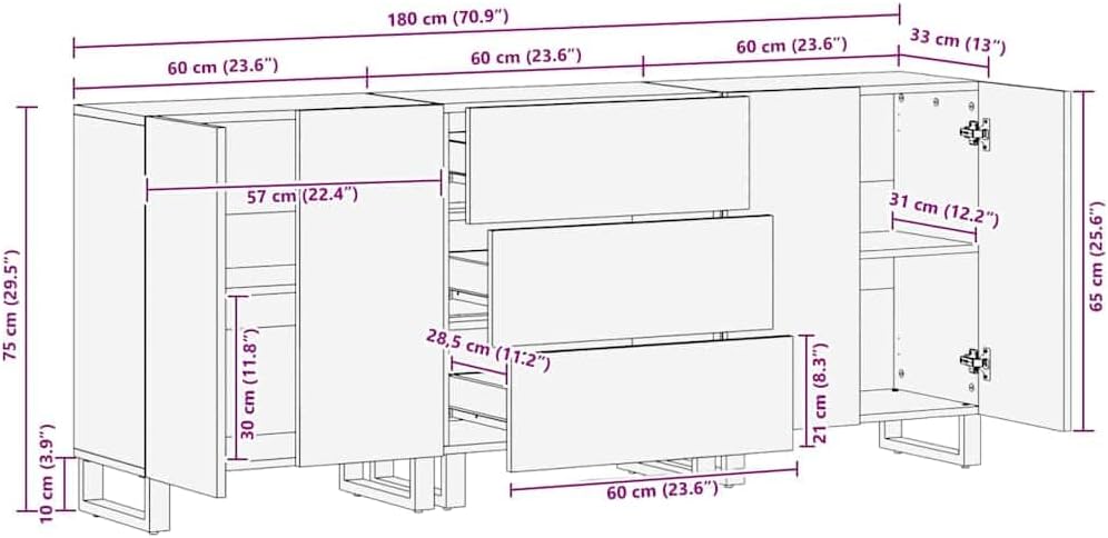 vidaXL 3-piece Dressers 60x33x75 cm solid mango wood black - QUORE
