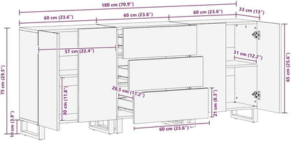 vidaXL 3-piece Dressers 60x33x75 cm solid mango wood black - QUORE