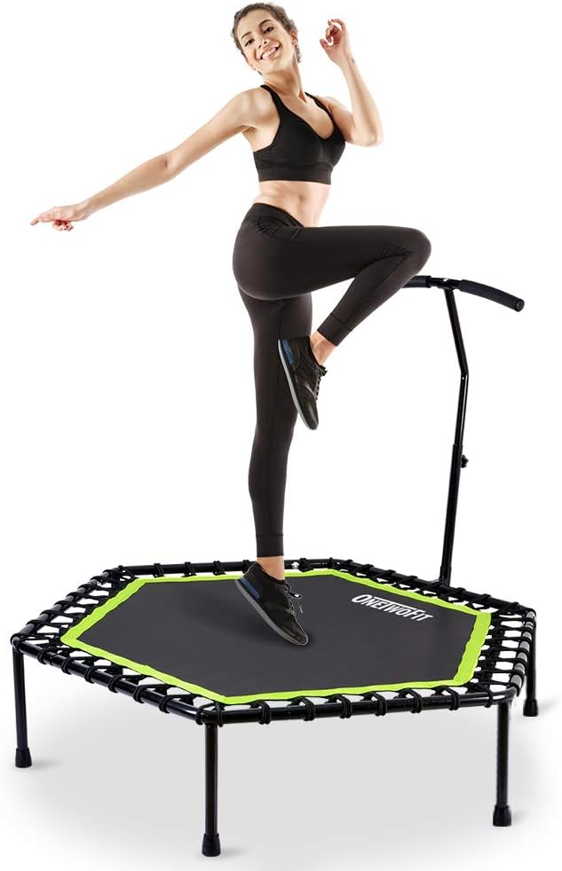 OneTwoFit Diameter stille trampoline met in hoogte verstelbare handgreep, fitnesstrampoline training zoals in de fitnessstudio trainer workout voor volwassenen