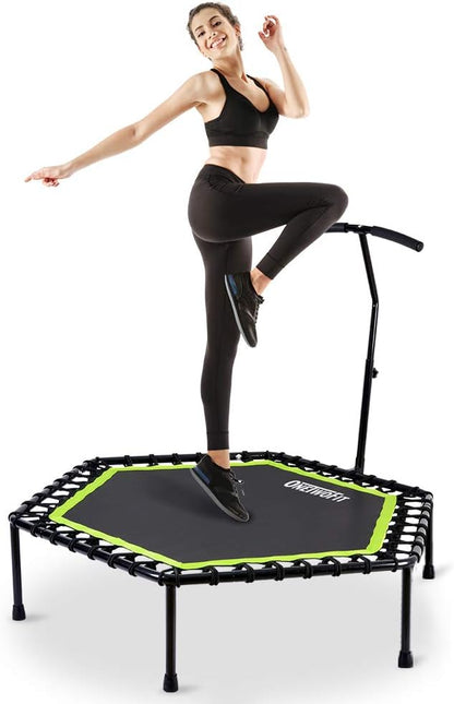 OneTwoFit Diameter stille trampoline met in hoogte verstelbare handgreep, fitnesstrampoline training zoals in de fitnessstudio trainer workout voor volwassenen