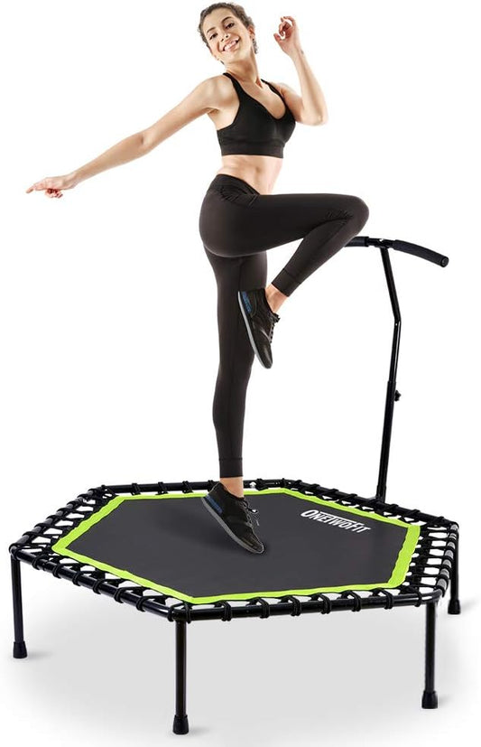 OneTwoFit Diameter stille trampoline met in hoogte verstelbare handgreep, fitnesstrampoline training zoals in de fitnessstudio trainer workout voor volwassenen