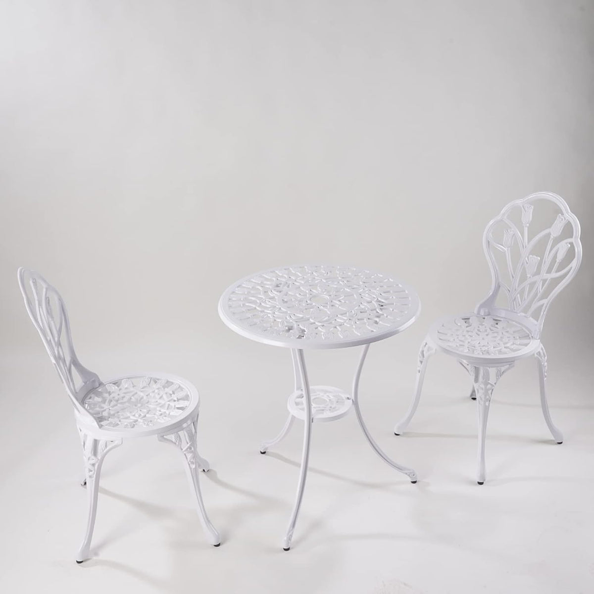 Garden Furniture Set, 3-Piece Aluminium Casting Tavern Set, White, 2 Chairs with Ornament Design and 1 Table, for Balcony and Patio (Tulip White) - QUORE