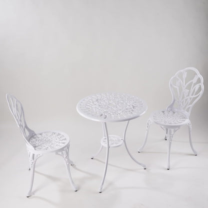 Garden Furniture Set, 3-Piece Aluminium Casting Tavern Set, White, 2 Chairs with Ornament Design and 1 Table, for Balcony and Patio (Tulip White) - QUORE