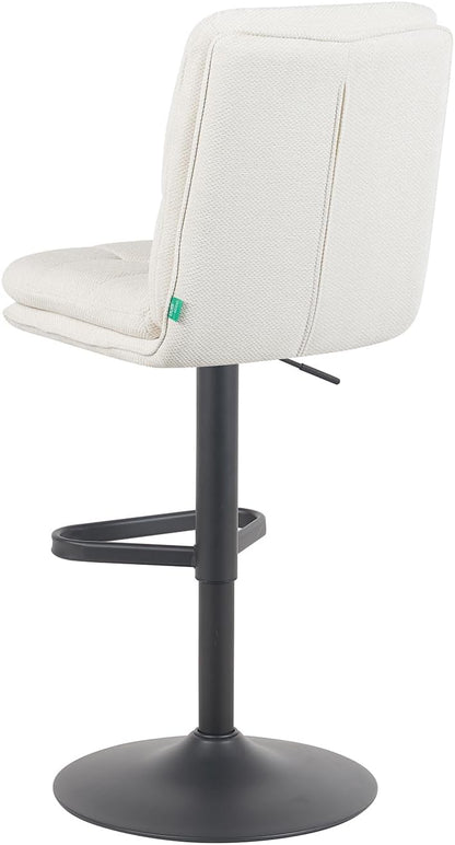 DUBI Möbel Enno Bar Stool – Double Cushions & Padded Backrest – Continuously Adjustable Height – Black Matte Dish Base with Triangular Footrest – Woven Fabric Cream - QUORE
