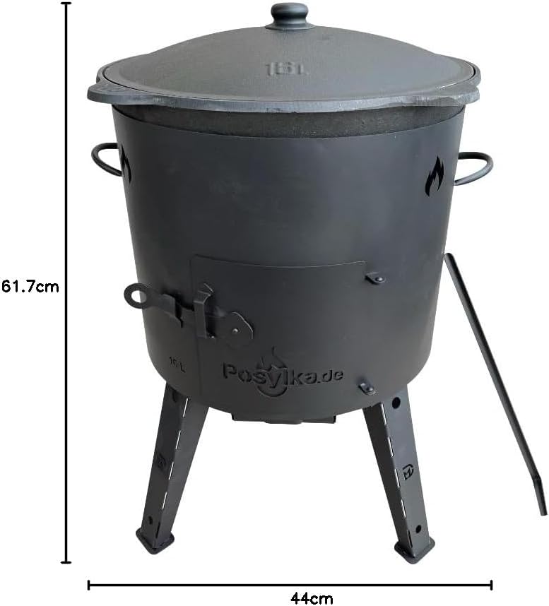 Utschak Kazan Fire Oven with Cast Iron Pan, Flat Bottom with Lid, 16 L, Diameter 44 cm, Kazan Set of 6 - QUORE