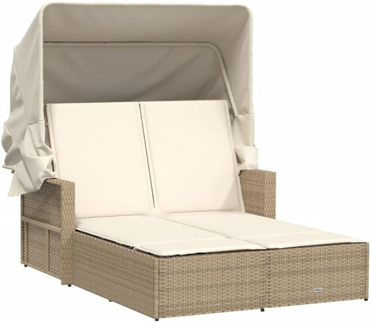 Outdoor Lounger with Retractable Roof and Padded Cushions, Adjustable Backrest in 2 Positions, Durable and Washable PE Rattan Material, for Garden or Patio - QUORE