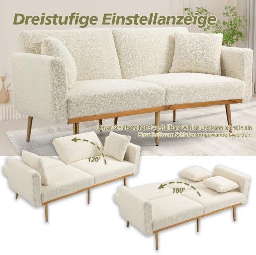 Velvet 3 Seater Design Sofa, Folding 3-Adjustable Sofa Bed, Metal Leg Support Living Room, Bedroom, Small Space, Comfortable for Sitting or Sleeping (White + Teddy) - QUORE