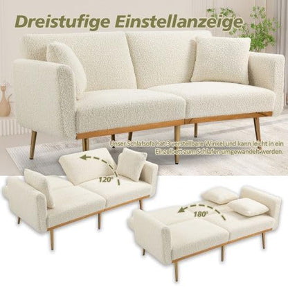 Velvet 3 Seater Design Sofa, Folding 3-Adjustable Sofa Bed, Metal Leg Support Living Room, Bedroom, Small Space, Comfortable for Sitting or Sleeping (White + Teddy) - QUORE