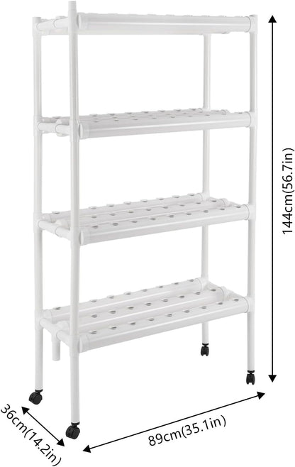 OUKANING 4 Tier Hydroponic System, 108 Holes, Home Hydroponic Grow Kit with 12 V Water Pump (55 Gal/h) Timer, 4 Wheels and Plant Baskets for Salad, Herbs, Vegetables - QUORE