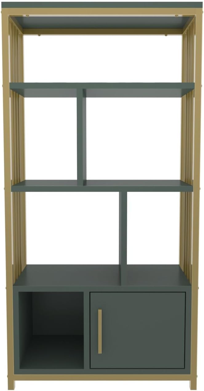 Hanah Home Elegant Green & Gold Bookshelf, 60 cm x 120 cm x 29,6 cm, 100% Melamine Coated Particle Board, 18 mm dik, stijlvolle opslag voor moderne ruimtes