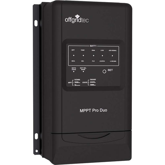 Offgridtec® MPPT Pro Duo laadregelaar 30A 12V 24V voor twee batterijcircuits. App beschikbaar voor Android.