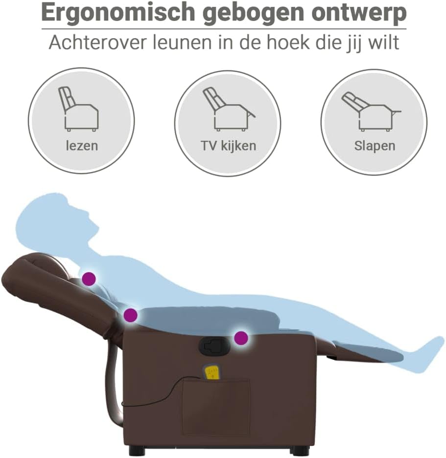 Massagestoel – Sta-Op Stoel – Relaxfauteuil – Massagefauteuil – Elektrische Liftfunctie – Verstelbaar Tot 135° – Kunstleer Bruin – 6-Punts Vibratiemassage