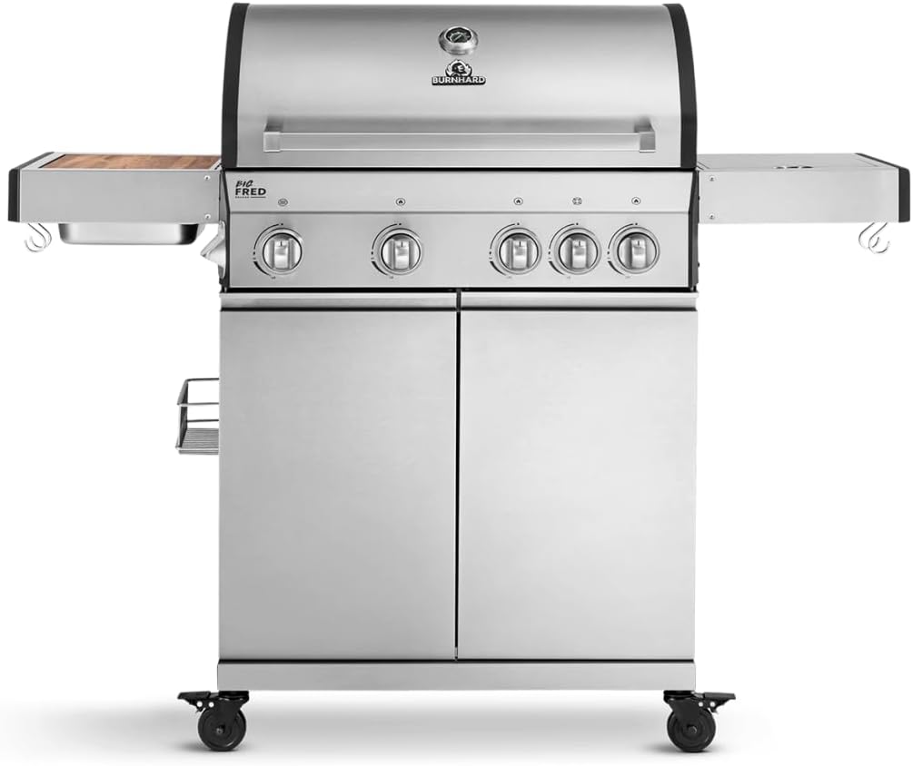 BURNHARD 4-Burner Gas Barbecue Big Fred, Stainless Steel Grill Trolley with Side Table, Cast Iron Grate, Thermometer, Piezo Ignition, Incl. Cover Cap, Ceramic Burners and Hob, 2022 Model - QUORE