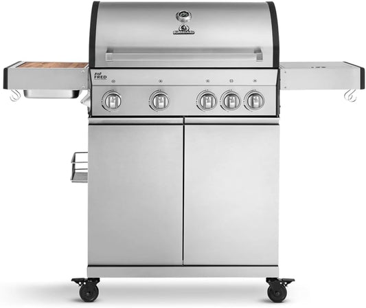 BURNHARD 4-Burner Gas Barbecue Big Fred, Stainless Steel Grill Trolley with Side Table, Cast Iron Grate, Thermometer, Piezo Ignition, Incl. Cover Cap, Ceramic Burners and Hob, 2022 Model - QUORE