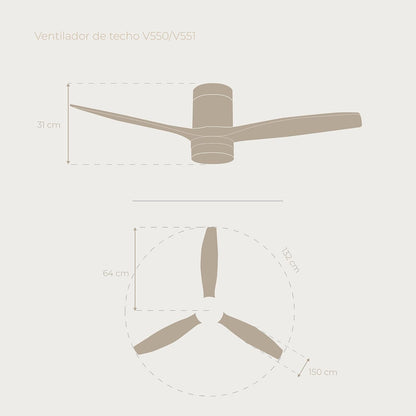 EVVO Plafondventilator met ledlicht en wifi, stil, Ø 132 cm, 3 vleugels, motor DC 40 W, 6 snelheden, timer tot 4 uur, winter-zomerfunctie, IP44, model: V550, grijze lak