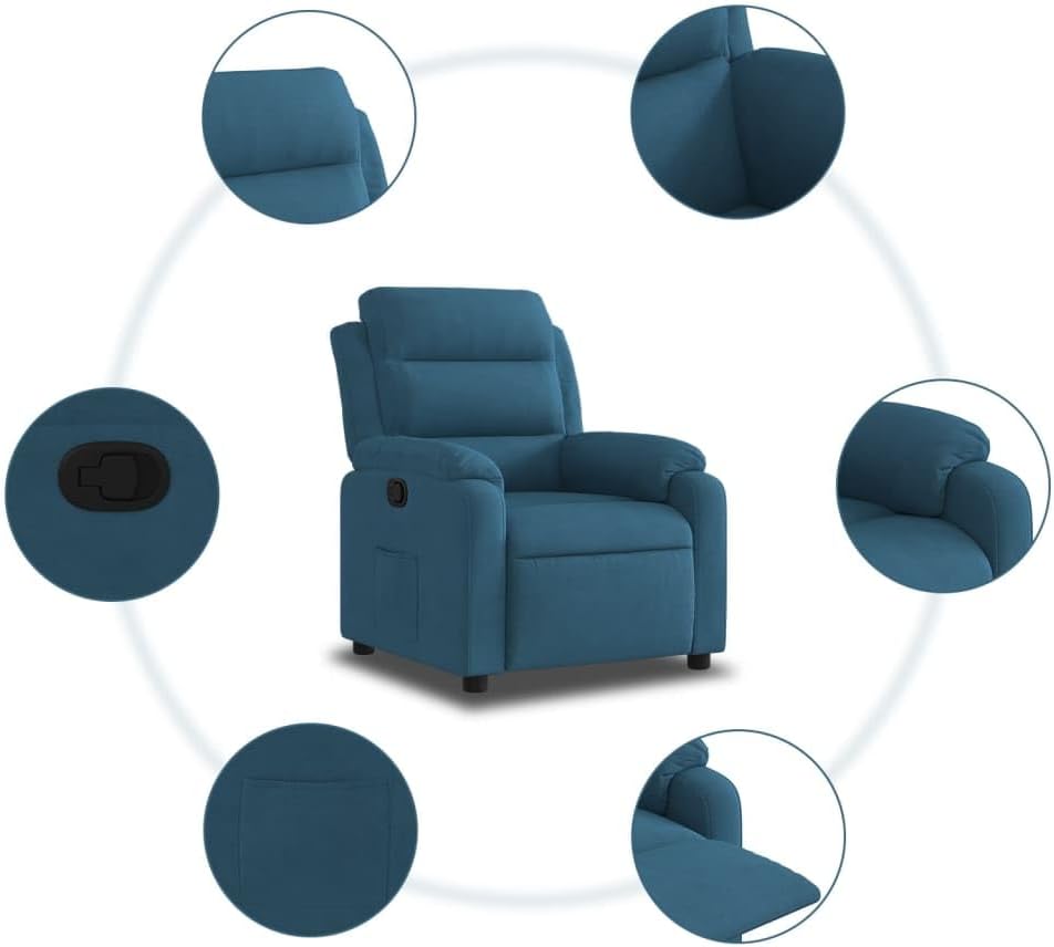 Relaxstoel – Fauteuil – TV-Stoel – Ligstoel – Loungestoel – Blauw Fluweel – Handmatig Kantelsysteem – Verstelbare Rugleuning tot 135°