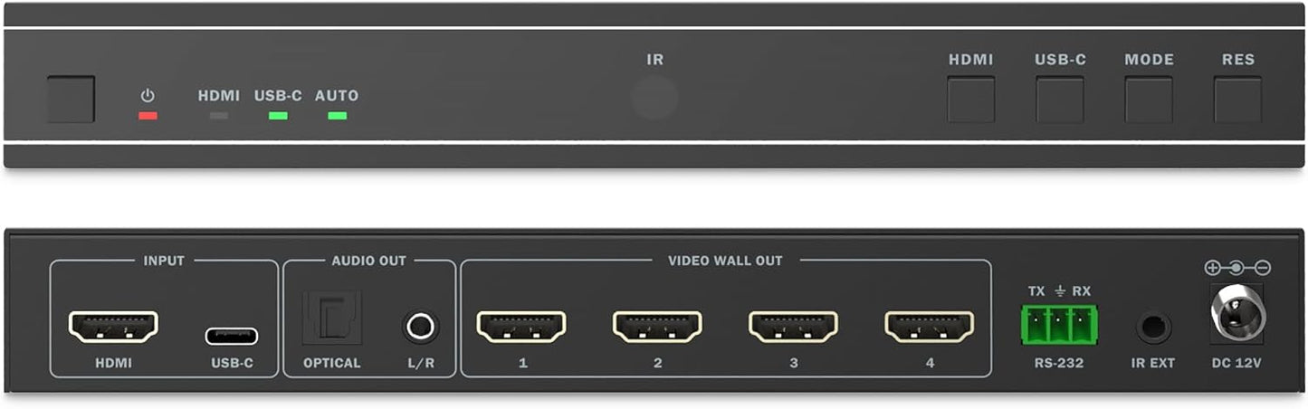 DIGITUS DS-55358 – HDMI-videowallcontroller – Ingangssignaal UHD 4k 60 Hz via HDMI 2.0 of USB-C – Uitgang 4k 30 Hz – Inclusief afstandsbediening – Weergavemodi 1x1, 2x1, 3x1, 4x1, 1x2, 1x3, 1x4, 2x2