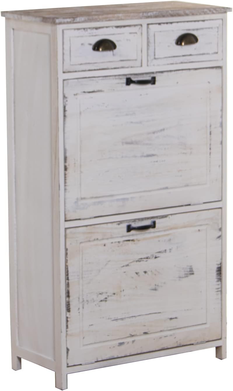 DRW Schoenenkast met 2 deuren en 2 laden van paulownia-hout, antiek wit, 60 x 30 x 107 cm