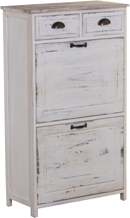 DRW Schoenenkast met 2 deuren en 2 laden van paulownia-hout, antiek wit, 60 x 30 x 107 cm