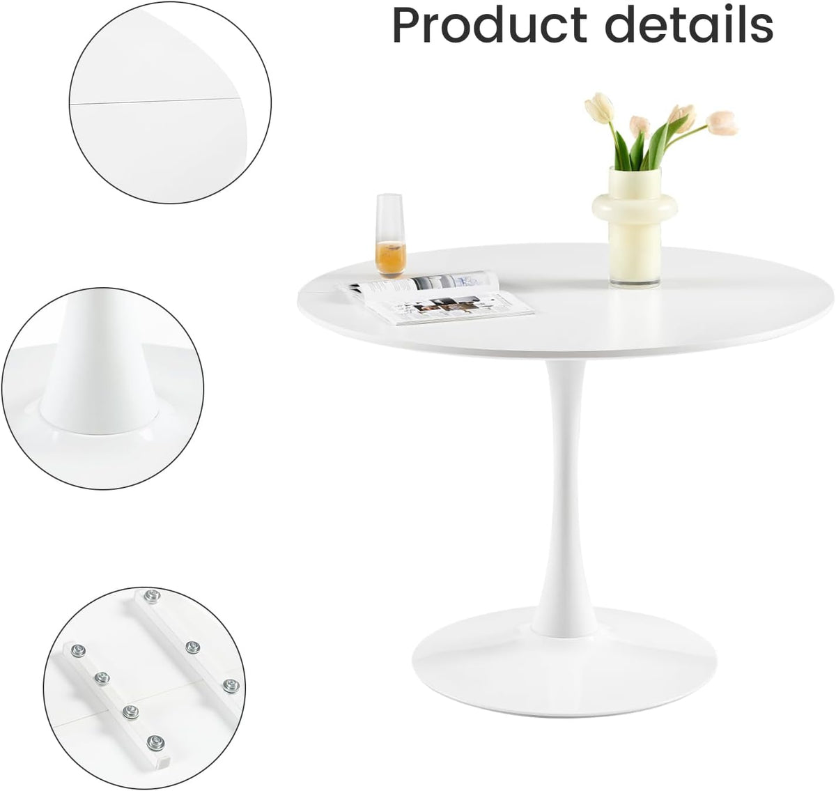 Modern Round Dining Table, Bar Table, Desk, Suitable for Kitchen, Dining Room, Living Room and Office, for 2-4 People, Diameter 100 cm, White - QUORE