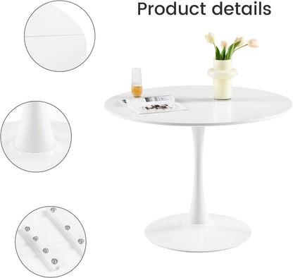 Modern Round Dining Table, Bar Table, Desk, Suitable for Kitchen, Dining Room, Living Room and Office, for 2-4 People, Diameter 100 cm, White - QUORE